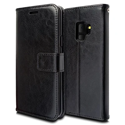 Abbildung von TECHGEAR Leder Hülle kompatibel mit Samsung Galaxy S9 PU Flip Case Schutzhülle Ledertasche [Brieftasche] Handyhülle Ständer und Handschlaufe Beutel Schwarz