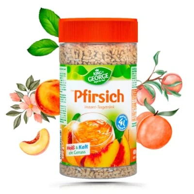 Abbildung von KING GEORGE Pfirsich Instant Teegetränk 12 x 400g Instantteegetränk mit Peach Geschmack, Heiß &amp; Kalt ein Genuss, Krümeltee Vorratspackung Getränkpulver für Sommer, Geburtstagsparty, Karneval