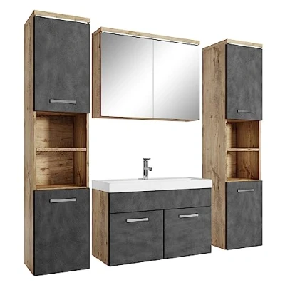 Abbildung von Badezimmer Badmöbel Set Paso XL LED 80cm Waschbecken Kastanien Eiche mit Dunkle Grau Unterschrank 2X Hochschrank Möbel