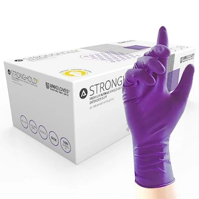 Abbildung von UNIGLOVES Passgenaue STRONGHOLD+® Einweghandschuhe aus Nitril Puderfrei &amp; latexfrei hohe Festigkeit Haltbarkeit Extra Lang 100 Stück Einmalhandschuh L
