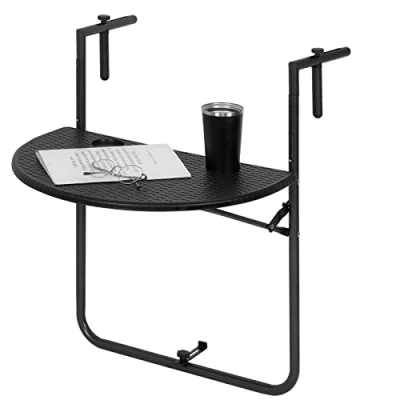 Abbildung von WOLTU Balkonhängetisch, Balkontisch zum Hängen, Hängetisch klappbar Beistelltisch Gartentisch, Klapptisch mit 3 Höhen, 2 Tassenhalterungen, in Rattan Optik, 59,5x39 cm Schwarz