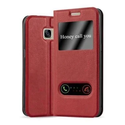Abbildung von Cadorabo Hülle kompatibel mit Samsung Galaxy S7 Sichtfenster aus Premium Kunst Leder Flip Klappbare Stoßfeste Magnetische [Standfunktion] [Kartenfächern] Cover für Tasche in Rot