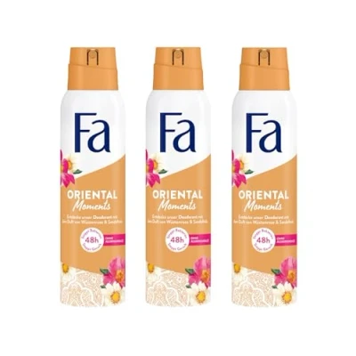 Abbildung von Fa Deospray Oriental Moments (3x 150 ml), Deo mit dem zarten Duft von Wüstenrose &amp; Sandelholz, ohne Aluminium für bis zu 48 h Schutz, hinterlässt keine Rückstände auf der Kleidung
