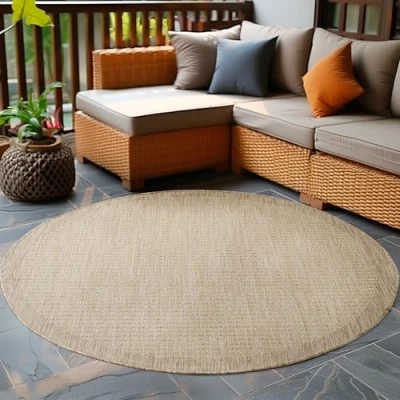 Abbildung von Carpetsale24 In &amp; Outdoor Teppich Wetterfest 120 cm Rund Einfarbig Beige Waschbar, Wasserfest, Pflegeleicht und Flachgewebe Ideal für Balkon, Garten, Terrasse als Küchenteppich