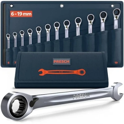 Abbildung von PRESCH Ratschenschlüssel Set 12tlg. umschaltbar (6 19mm) inkl. Tasche Minimaler Rückholwinkel (bis zu 4, 90 Zähne) Präzisionsgefräste, robuste