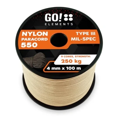 Abbildung von GO!elements 100m Paracord Seil aus reißfester Nylonschnur 4mm 550 Typ III Schnur geeignet als Allzweckseil &amp; Reepschnur Max. 250kg, Farbe: Sand