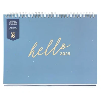 Abbildung von Busy B Wöchentlicher Tischkalender Januar bis Dezember 2025 Blau Tischplaner mit fünf Zeitplänen, abreißbaren Listen und integriertem Ständer. Perfekt für Büro Schreibtischorganisation