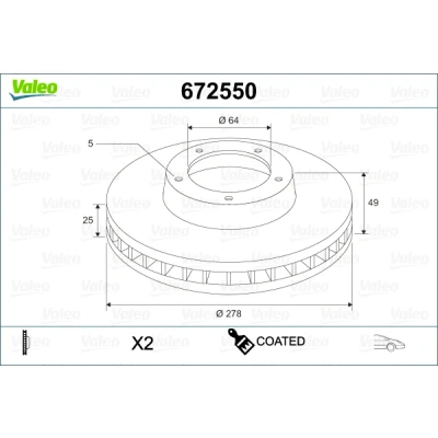 Abbildung von VALEO 672550 Bremsscheibe Vorderachse 278 25 5 Belüftet beschichtet FORD: Focus 2 Kombi, C Max, Schrägheck, VOLVO: S40 II, V50