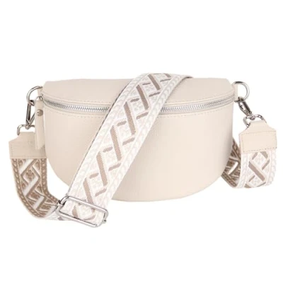 Abbildung von MIRROSI® Bauchtasche Damen, Echtleder, Made in Italy, Umhängetasche, Brusttasche, Crossbody Bag (1 Tasche &amp; 2 Gurte) (Beige (Kette), Mittelgroße (25x16x7cm))