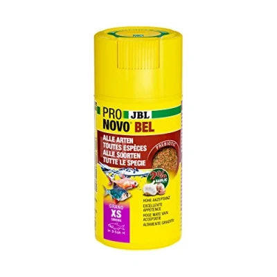 Abbildung von JBL PRONOVO BEL GRANO, Hauptfutter für alle Aquarienfische von 3 5 cm, Fischfutter Granulat, Klickdosierer, Größe XS, 100 ml
