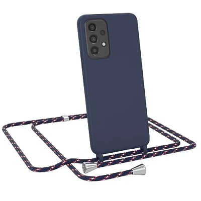 Abbildung von EAZY CASE Hülle mit Kette kompatibel Samsung Galaxy A53 5G Schutzhülle Kordel zum Umhängen,Umhängen Necklace, TPU Silikon Case, Blau Band Navy Camouflage Verschluss Silber