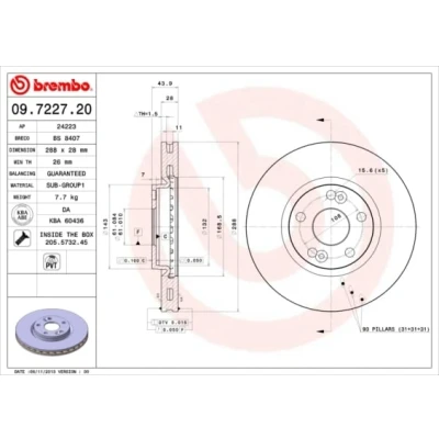 Abbildung von BREMBO 09.7227.20 Bremsscheibe 288 28 5 innenbelüftet mit Schrauben RENAULT: ESPACE 3