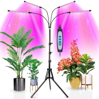 Abbildung von wolezek LED Pflanzenlampe mit Ständer, Bodenpflanzenlicht Vollspektrum 4 Köpfe für Zimmerpflanzen,Grow Lamp Tripod einstellbar15 61Inch,Timing 6/12/16H,3 Modi &amp; 5 stufige Helligkeit