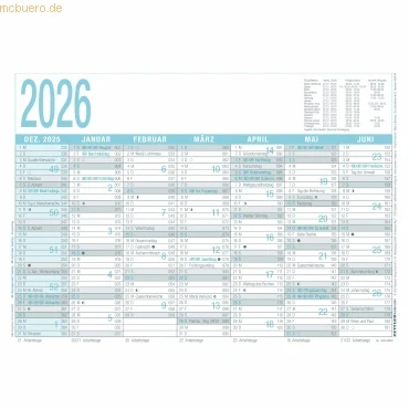 Abbildung von Arbeitstagekalender grau/türkis 2026 A4 (29,7 x 21 cm) 7 Monate auf 1 Seite Tafelkalender Plakatkalender Jahresplaner 909 0000