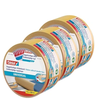 Abbildung von tesa 3 Rollen Doppelseitiges Klebeband Universal Vielseitiges für Verpackungen, Deko und Teppiche oder zum Basteln 10 m x 50 mm