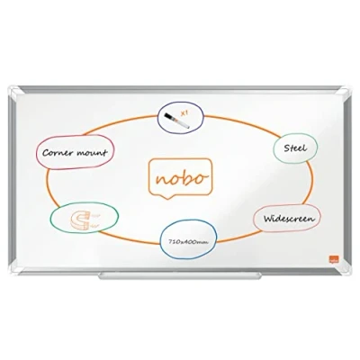 Abbildung von Nobo Emaille Whiteboard in Widescreen Format, 40 x 71 cm, Aluminiumrahmen, Traditionelle Eckmontage, Inkl. Stiftablage, Premium Plus, Weiß, 1915365
