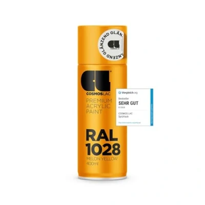 Abbildung von COSMOS LAC Sprühlack melonen gelb, glänzend Spraydosen Sprühfarbe DIY Lack Acryllack Spray Farbspray Sprühdose Lackspray Farbe für Kunststoff, Metall, uvm. (RAL 1028 melonengelb)
