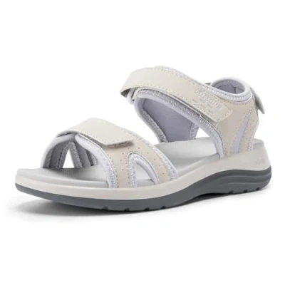 Abbildung von FitVille Breit Peep Toe Sport Sandaletten Damen Freizeit Walking Slide Schuhe Bequem Leicht für dicker Füße Perlweiß EU Weit 40
