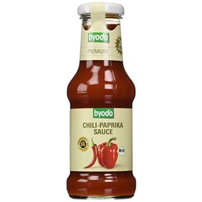 Abbildung von Byodo Bio Chili Paprika Sauce, 2 x 250 ml Vegan, Glutenfrei, 100% Zutaten, Feurig Scharfer Geschmack, Vielseitig Einsetzbar, Ideale Würze für Marinaden &amp; Dips, Praktisches Doppelpack