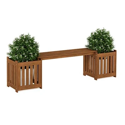 Abbildung von Furinno Tioman Outdoor Sitzbank mit Bepflanzung auf jeder Seite, natur, 40.13 x 173.9 46.48 cm