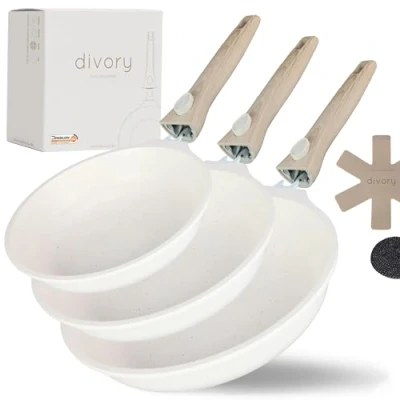 Abbildung von DIVORY Pfannenset 20, 24, 28 cm abnehmbarer Griff, Pfanne Beige induktion hoher Rand, Antihaftbeschichtete Bratpfanne, beschichtete Pfannen hoch, Induktionspfanne non stick Frying Pan set
