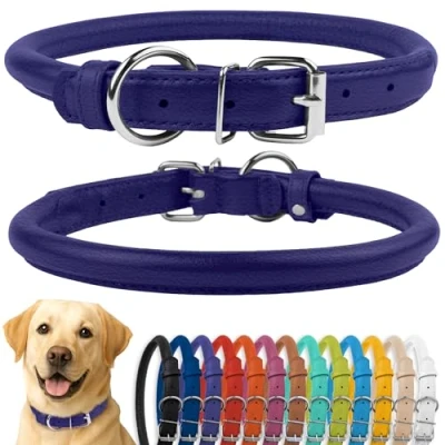 Abbildung von CollarDirect Rundes Leder Hundehalsband, weich gepolstert gerollt, handgefertigtes Echtleder Halsband für Hund Welpe Katze Klein Groß Schwarz Rosa Rot Lila Blau