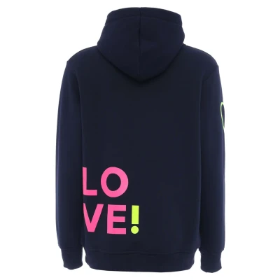 Abbildung von Zwillingsherz Kapuzensweatshirt mit gesticktem Neon Herz am Ärmel und &quot;Love&quot; Schriftzug auf Kordel