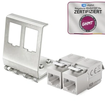Abbildung von hb digital 2X CAT 6a Keystone Modul RJ45 Buchse STP 10 Gbit/s werkzeuglos LSA mit 1x 2 Port 35mm DIN Rail Metall Hutschienenadapter Halterung Ethernet LAN Netzwerk Switch