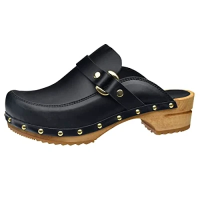 Abbildung von Sanita Lillen offener Clog Original handgemacht Leder Holzclogs für Damen Nachhaltige Sohle Schwarz 41 EU