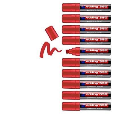 Abbildung von edding 390 Permanentmarker rot 10 Stifte dicke Keilspitze 4 12 mm wasserfest, schnell trocknend Multimarker, Universalstift für Karton, Kunststoff, Holz, Metall, Glas, Stein, Leinwand