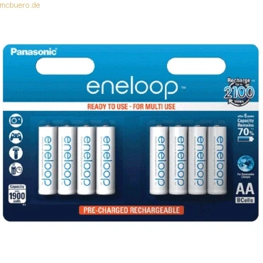 Abbildung von Panasonic eneloop, Ready to Use Ni MH Akku, AA Mignon, 8er Pack, min. 2000 mAh, 2100 Ladezyklen, starke Leistung und geringe Selbstentladung, wiederaufladbare Akku Batterien