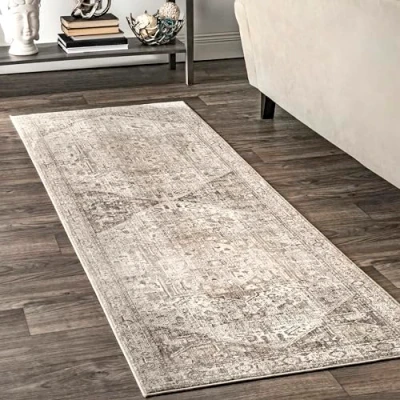 Abbildung von nuLOOM Harriet Vintage Medaillon Fransen Läufer Teppich, 60 x 182 cm, Silber