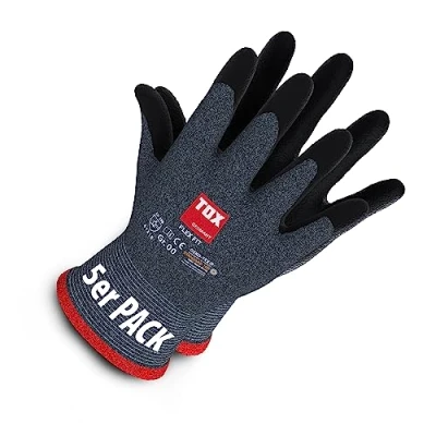 Abbildung von TOX Montagehandschuhe Flex Fit, Nylonfeinstrick mit Micro Nitrilschaum Beschichtung an Handinnenfläche und Fingerkuppen, Grau/Schwarz, abriebfest vielseitig einsetzbar, 5 Paar, Größe 10, 006900110