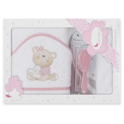 Abbildung von Interbaby P1177 12 Baby Kapuzenbadetuch LOVE YOU, weiss e Rosa mit Kamm und Bürste,