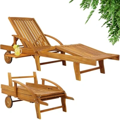 Abbildung von Casaria® Sonnenliege Holz Klappbar 160kg Belastbarkeit Tisch Fuß und Rückenteil variierbar Räder Ablage Garten Balkon Terrasse Gartenliege Akazie