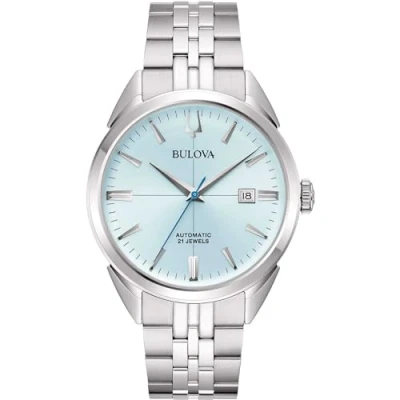 Abbildung von Bulova Sutton Automatic Men&#039;s Watch, Light Blue 96B423, Steel Case and bracelete.