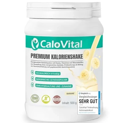 Abbildung von Trinknahrung hochkalorisch für Gewichtszunahme Kohlenhydrate &amp; Eiweiß als Kalorien Shake Hochdosiert mit vielen Vitaminen CaloVital Premium Qualität aus Deutschland (Banane 500g)
