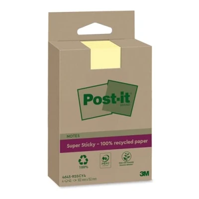 Abbildung von Post it Super Sticky 100% Recycling Notes, Gelb, Liniert 4 Blöcke, 45 Blätter pro Block, 102 mm x 152 Extra starke Haftnotizen aus Recyclingpapier