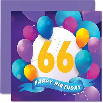 Abbildung von Geburtstagskarte zum 66. Geburtstag für Männer und Frauen Ballon Party Happy Birthday Cards 66 Jahre alte Männer, Frau, Mutter, Vater, Tante, Onkel, Großvater, Oma, Opa, 145 mm x