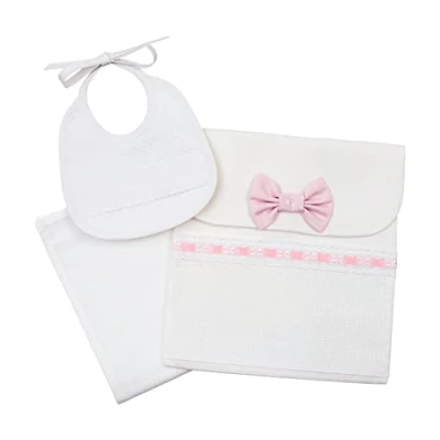 Abbildung von Filet Trageset, Bestehend aus einer Tasche mit Aida Einsatz, Waschlappen und Lätzchen zum Besticken, Geschenkidee für werdende Eltern, 100% Baumwolle, Made in Italy, Weiß Rosa