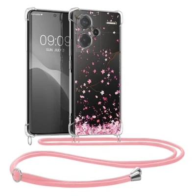 Abbildung von kwmobile Necklace Case kompatibel mit Xiaomi Redmi Note 13 Pro+ 5G / Pro Plus Hülle Silikon Cover Handykette Rosa Dunkelbraun Transparent Kirschblütenblätter