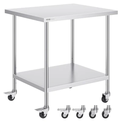 Abbildung von VEVOR Arbeitstisch aus Edelstahl, Küchentisch 762 x 914 954,6 mm, Zubereitungstisch, mit 4 Rädern, 3 einstellbaren Höhenstufen, zur Lebensmittelzubereitung für gewerbliche Restaurants