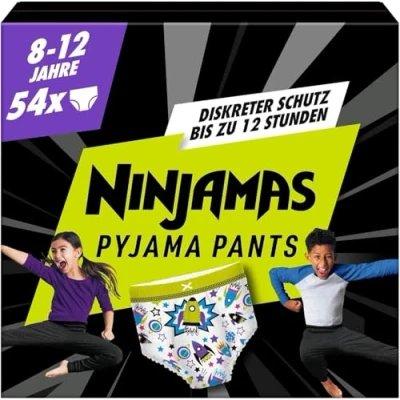 Abbildung von Pampers Ninjamas Nachthöschen, Höschenwindeln MONATSBOX, für Jungs (8 12 Jahre, 27 43kg), 54 Pyjama Höschen, absorbierende Windelhöschen, Auslaufschutz die ganze Nacht
