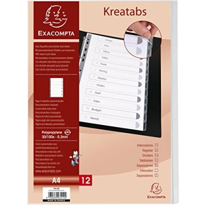 Abbildung von Exacompta 3412E Premium Register Kreatabs für DIN A4 aus langlebigem Kunststoff 12 teilig volle Höhe 21 x 29,7 cm blickdicht 2 6 Farben mit Indexseite und Etikettenbogen Trennblätter