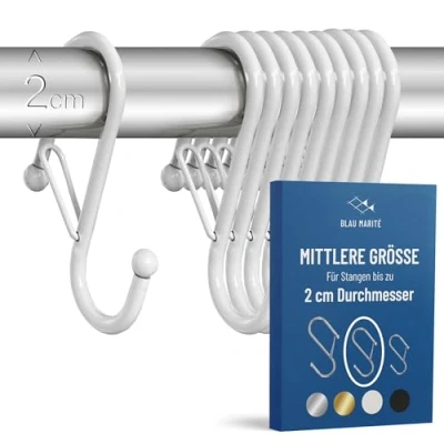 Abbildung von Blau Marité 10 Stück robuste S Haken aus Metall, rutschfeste mit Sicherheitsverschluss. Für Stangen bis zu 2 cm Durchmesser. Schränke, Bad, Küche und Garten. (M, Weiß)
