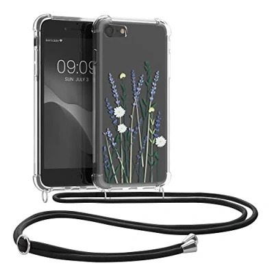Abbildung von kwmobile Necklace Case kompatibel mit Apple iPhone SE (2022) / (2020) 8 7 Hülle Silikon Cover Handykette Lavendel Grün Transparent Blumenhalme