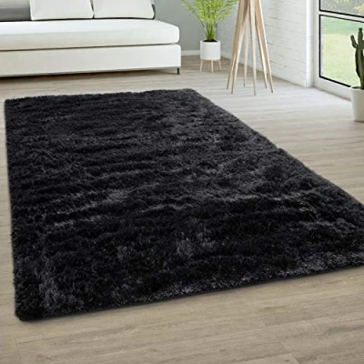 Abbildung von Paco Home Hochflor Teppich Wohnzimmer rutschfest Fellteppich Shaggy Flauschig Weich Modern Kunstfell Fell Imitat Einfarbig, Grösse:200x290 cm, Farbe:Schwarz