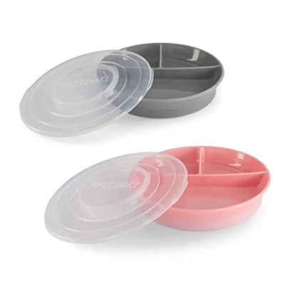 Abbildung von Twistshake 2x Geteilter Babyteller Mit Luftdichtem Deckel Teller Für Kinder BPA Freier Entwöhnungsteller Speiseteller Grau Rosa