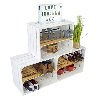 Abbildung von Kistenkolli Altes Land 3er Set Neue Weisse Obstkisten mit geflammten Regalbrett LÄNGS Apfelkiste Weinkiste Ablagekiste Schuhregalkiste +++50 x 30 40 cm