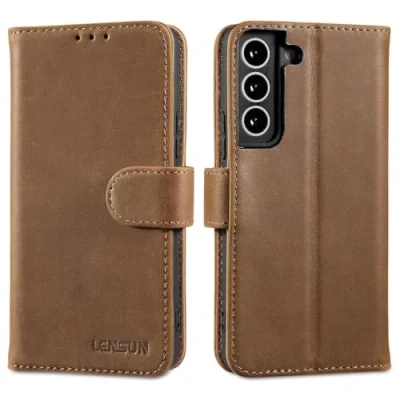 Abbildung von LENSUN Lederhülle für Samsung Galaxy S22, Echtleder Handyhülle [RFID Schutz] [Echtes Leder] Klappbar Hülle Handytasche Etui S22 5G Vintage Dunkelbraun